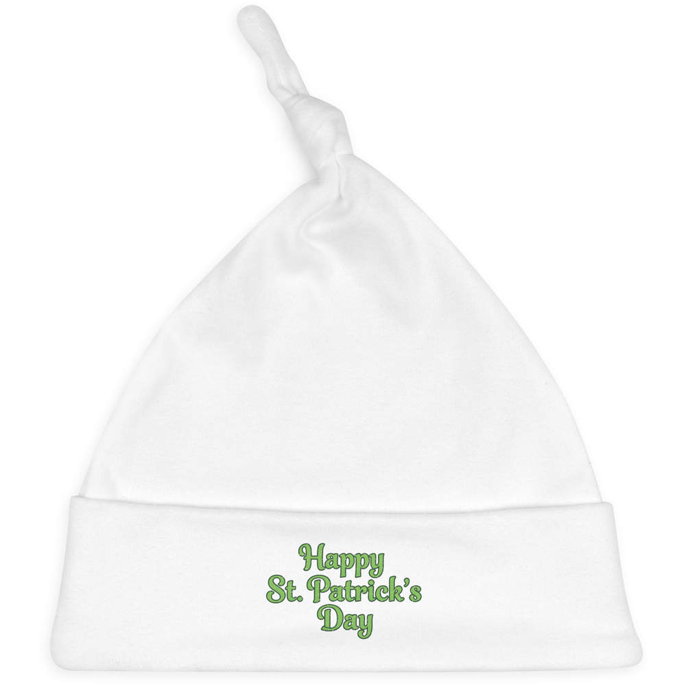 'Happy St. Patrick's Day' Knotted Baby Hat - White - Soft Beanie for Newborns, Infants, Nursery Wear and Baby Gifts (BH00041713)