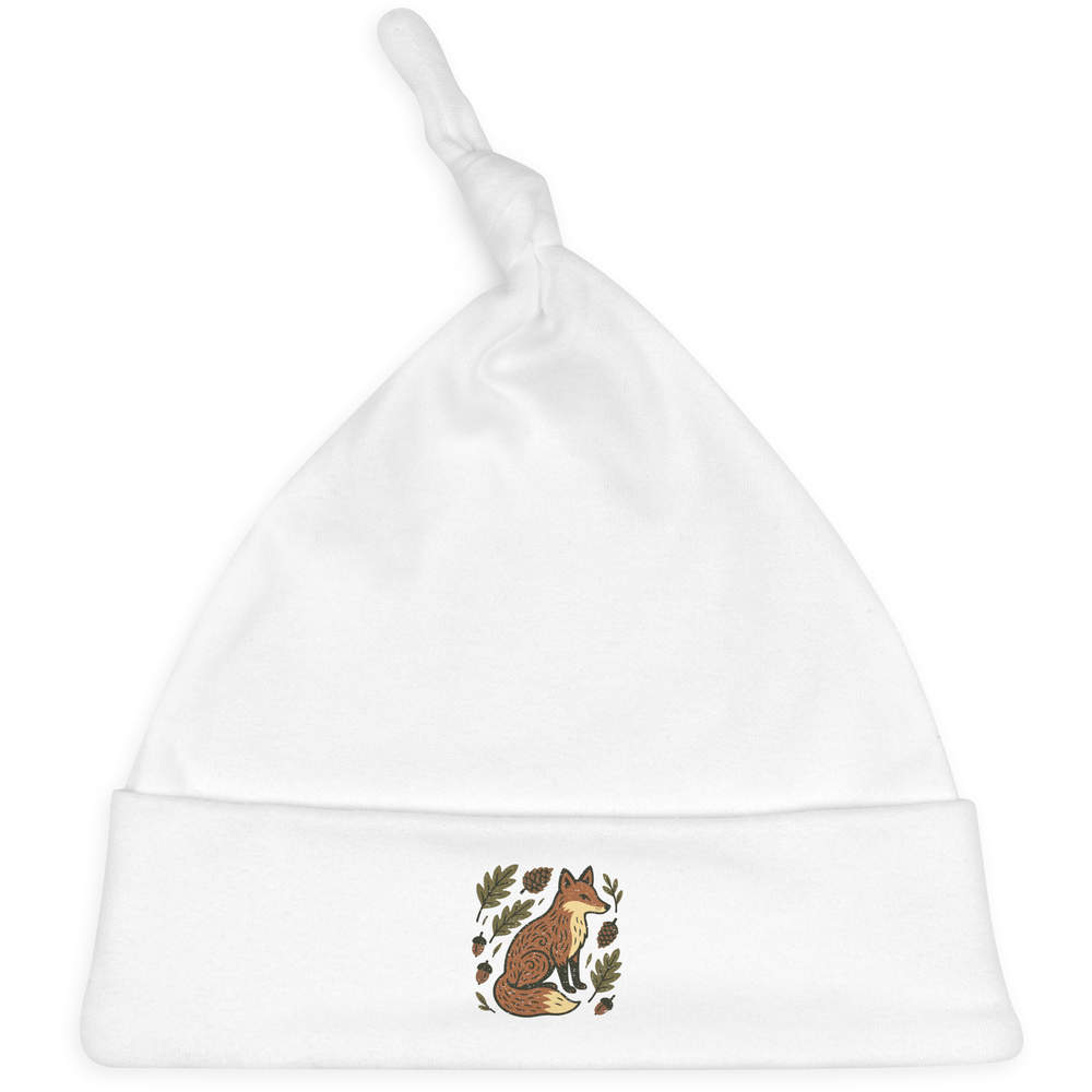 'Folk Style Woodland Fox' Knotted Baby Hat - White - Soft Beanie for Newborns, Infants, Nursery Wear and Baby Gifts (BH00041905)
