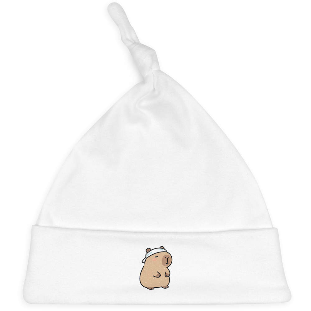 'Capybara Wearing Headband' Knotted Baby Hat - White - Soft Beanie for Newborns, Infants, Nursery Wear and Baby Gifts (BH00042715)