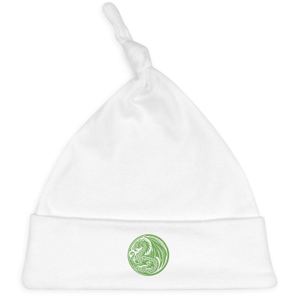 'Green Dragon Motif' Knotted Baby Hat - White - Soft Beanie for Newborns, Infants, Nursery Wear and Baby Gifts (BH00043470)