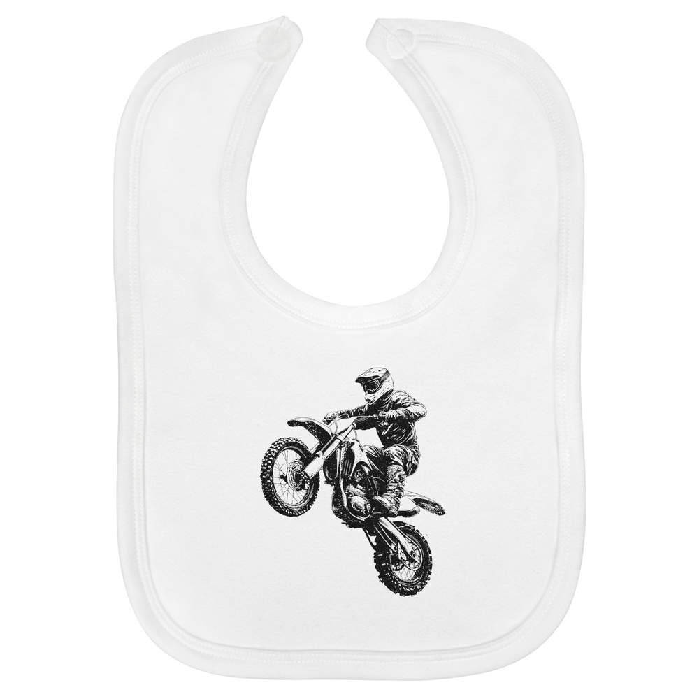 'Dirt Bike Jump' Soft Cotton Baby Bib - White - Feeding / Dribble Bib for Newborns, Infants and Baby Gifts (BI00060117)