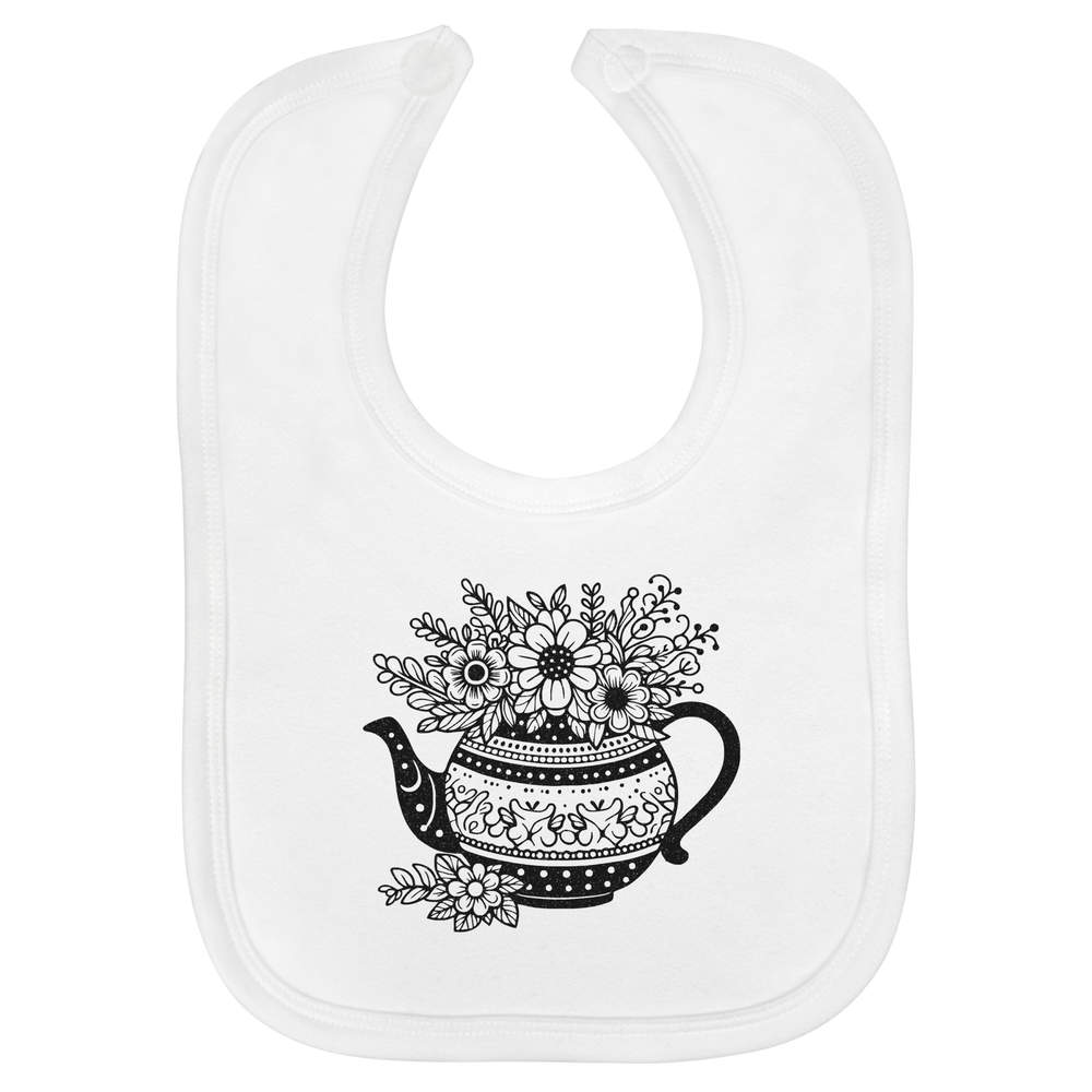 'Teapot Flower Planter' Soft Cotton Baby Bib - White - Feeding / Dribble Bib for Newborns, Infants and Baby Gifts (BI00060765)