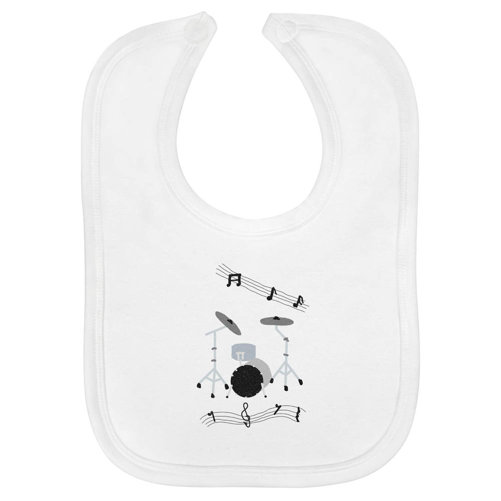 'Drumming Out The Music' Soft Cotton Baby Bib - White - Feeding / Dribble Bib for Newborns, Infants and Baby Gifts (BI00061184)