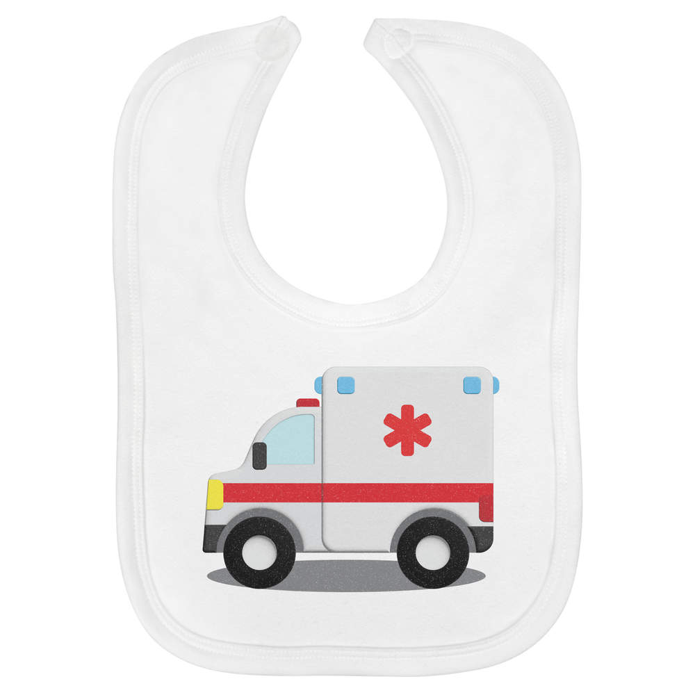 'Ambulance Toy' Soft Cotton Baby Bib - White - Feeding / Dribble Bib for Newborns, Infants and Baby Gifts (BI00062879)