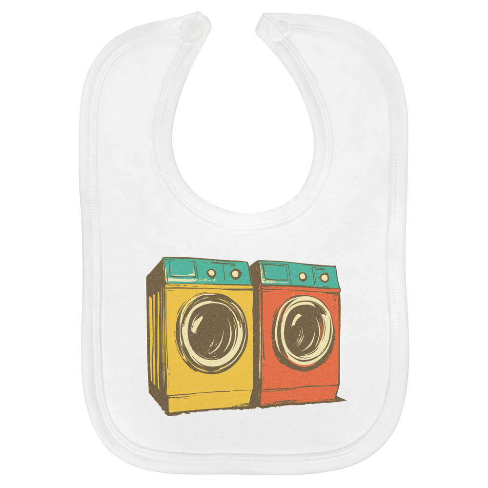 'Two Washing Machines' Soft Cotton Baby Bib - White - Feeding / Dribble Bib for Newborns, Infants and Baby Gifts (BI00063669)