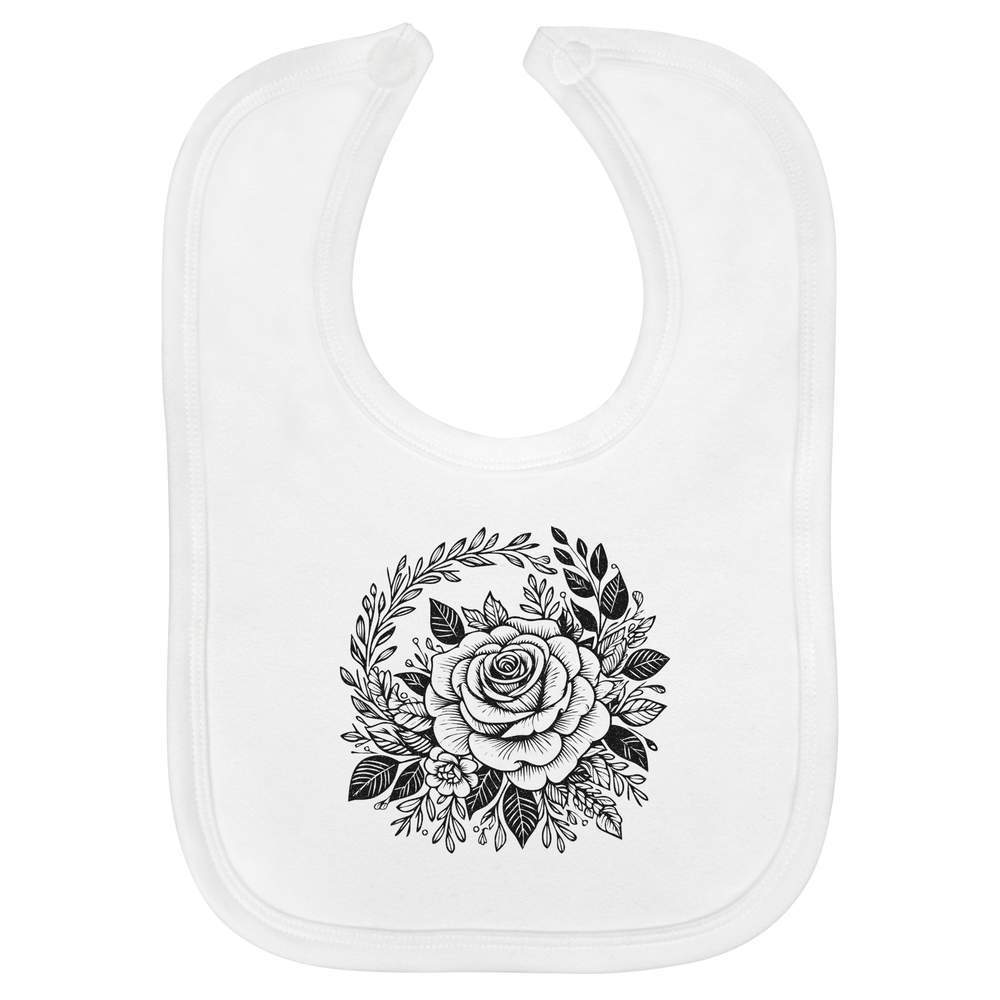 'Rose Floral Motif' Soft Cotton Baby Bib - White - Feeding / Dribble Bib for Newborns, Infants and Baby Gifts (BI00064480)