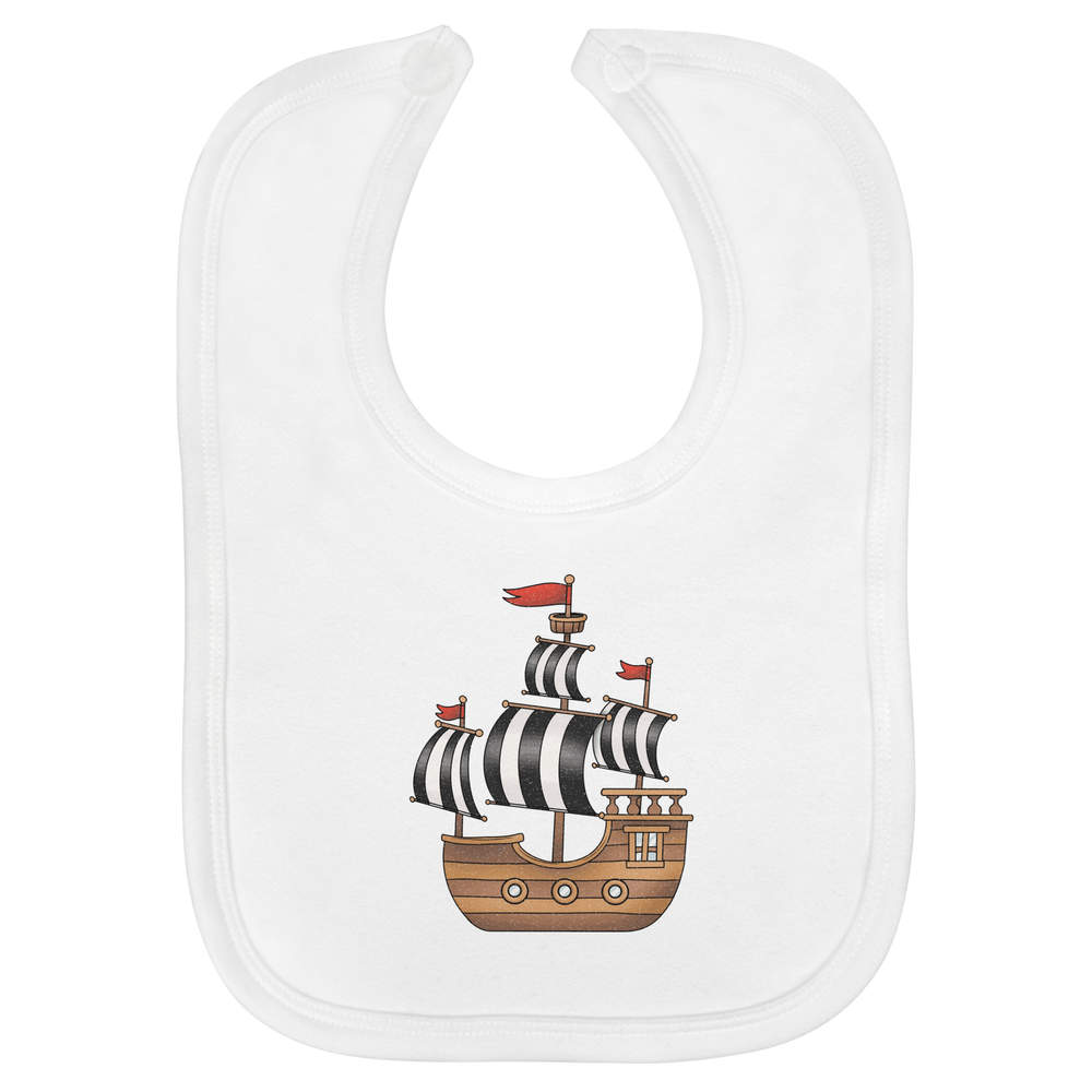 'Pirate Ship' Soft Cotton Baby Bib - White - Feeding / Dribble Bib for Newborns, Infants and Baby Gifts (BI00065149)