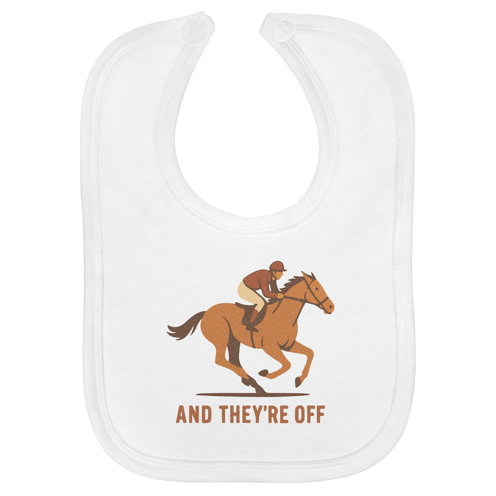 'And They're Off' Soft Cotton Baby Bib - White - Feeding / Dribble Bib for Newborns, Infants and Baby Gifts (BI00065860)
