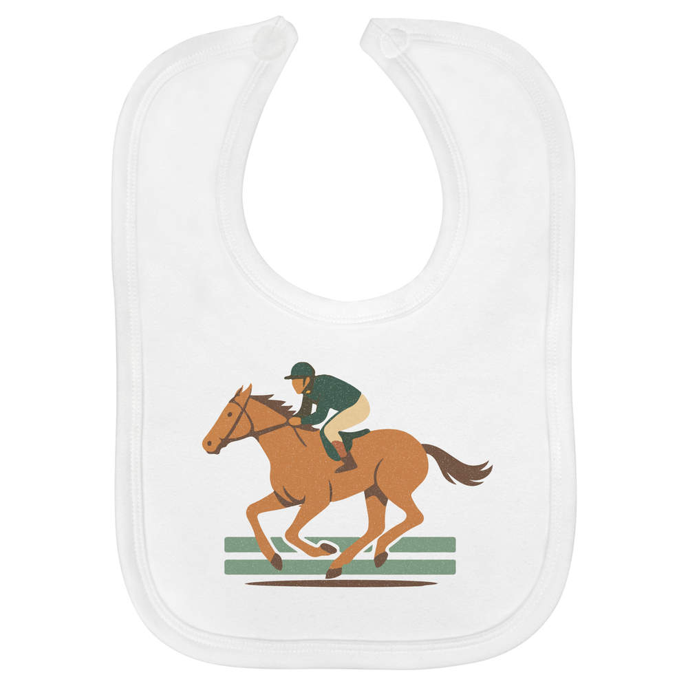 'Racing Horse & Jockey' Soft Cotton Baby Bib - White - Feeding / Dribble Bib for Newborns, Infants and Baby Gifts (BI00065907)