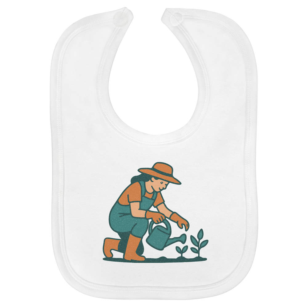 'Woman Gardening Plants' Soft Cotton Baby Bib - White - Feeding / Dribble Bib for Newborns, Infants and Baby Gifts (BI00065929)