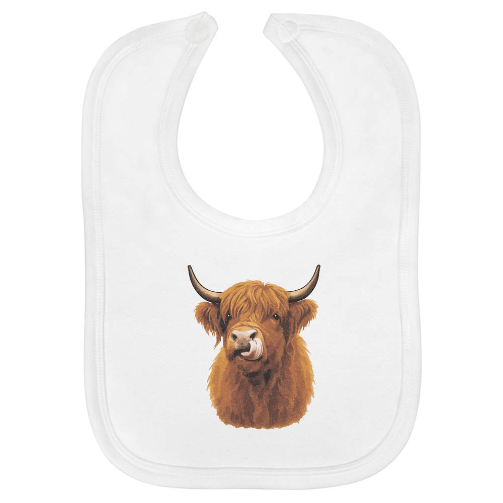 'Highland Cow Tongue Out' Soft Cotton Baby Bib - White - Feeding / Dribble Bib for Newborns, Infants and Baby Gifts (BI00067279)
