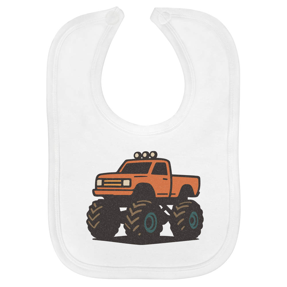 'Monster Truck' Soft Cotton Baby Bib - White - Feeding / Dribble Bib for Newborns, Infants and Baby Gifts (BI00067498)