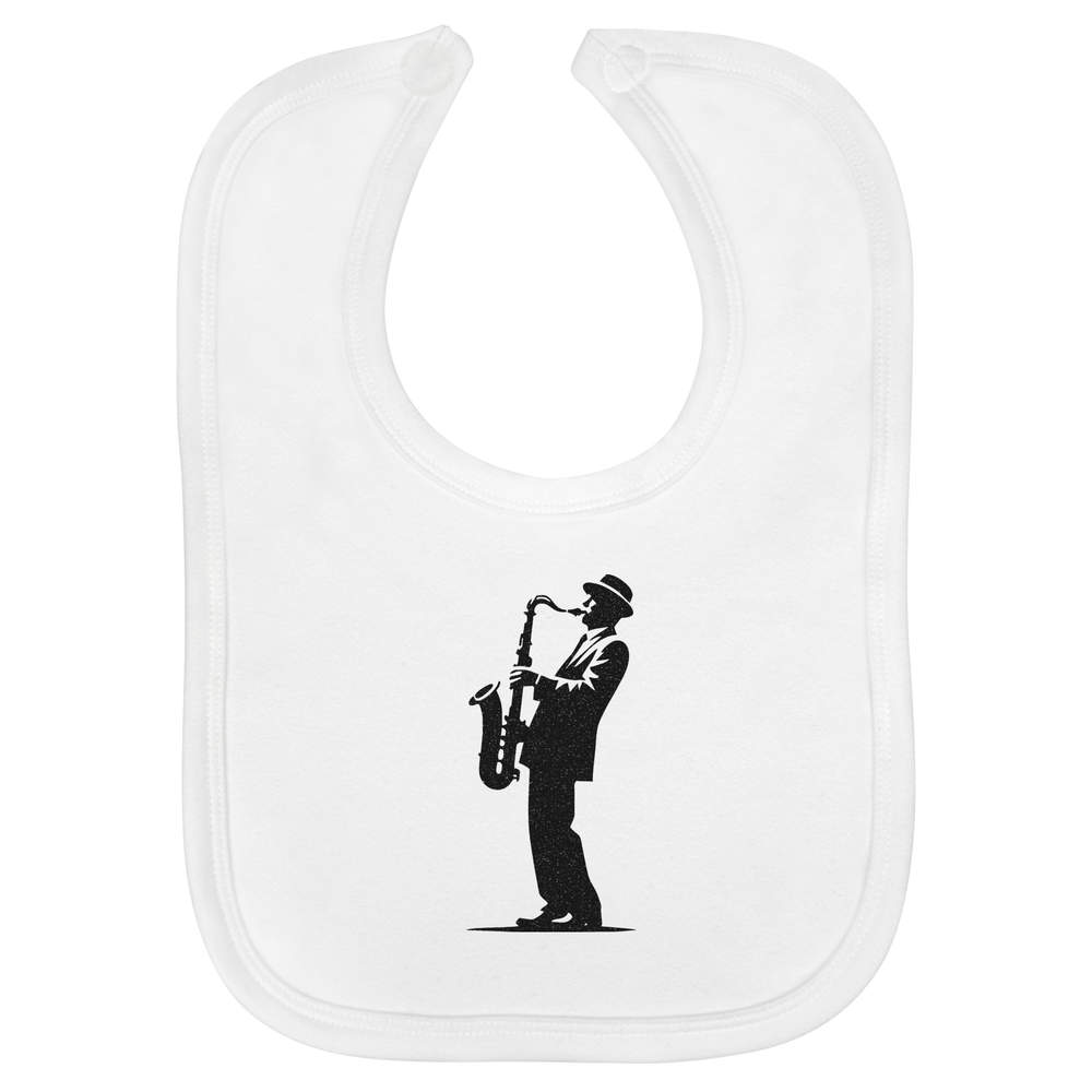 'Saxophone Player' Soft Cotton Baby Bib - White - Feeding / Dribble Bib for Newborns, Infants and Baby Gifts (BI00067812)