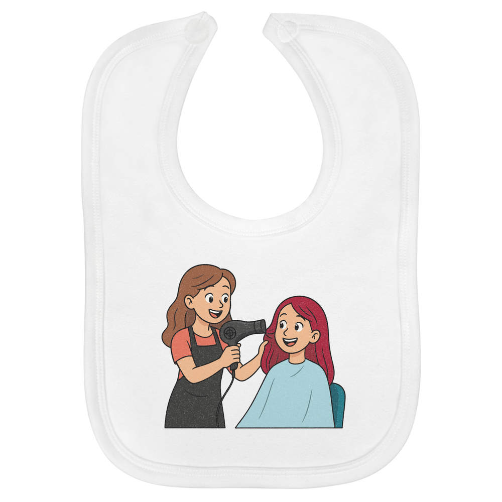 'Hair Stylist & Client' Soft Cotton Baby Bib - White - Feeding / Dribble Bib for Newborns, Infants and Baby Gifts (BI00067831)