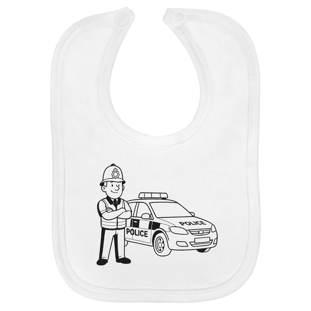 'Police Officer & Car' Soft Cotton Baby Bib - White - Feeding / Dribble Bib for Newborns, Infants and Baby Gifts (BI00068112)