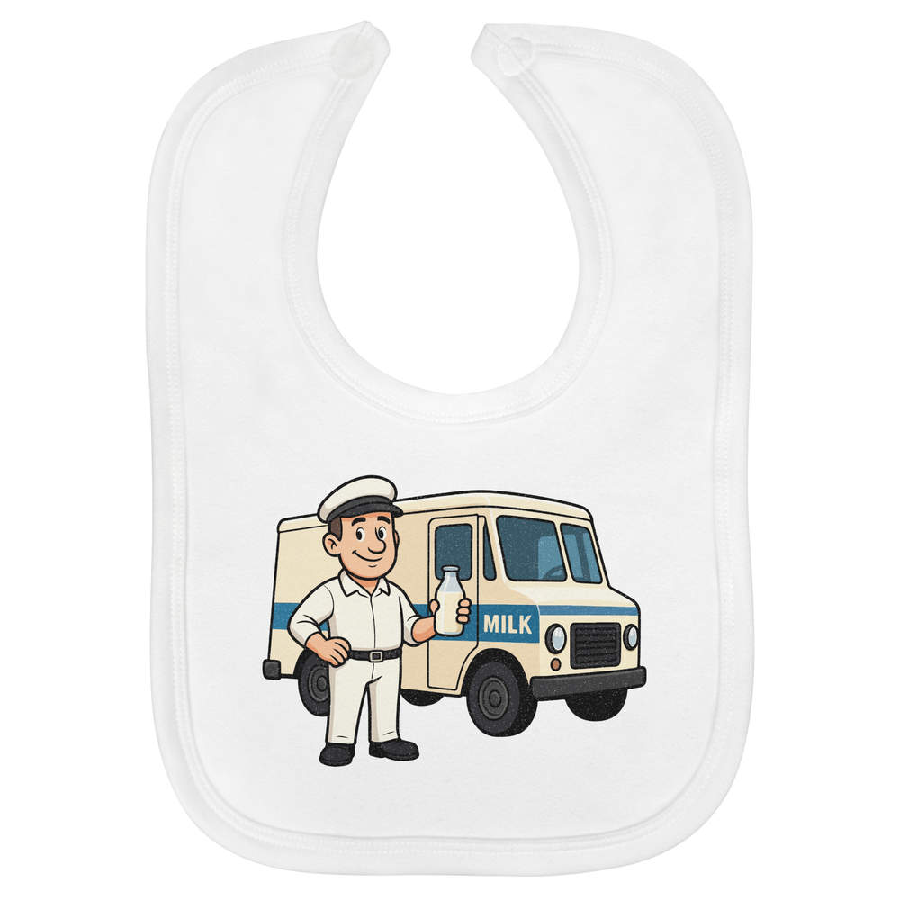 'Milkman & Delivery Truck' Soft Cotton Baby Bib - White - Feeding / Dribble Bib for Newborns, Infants and Baby Gifts (BI00068121)