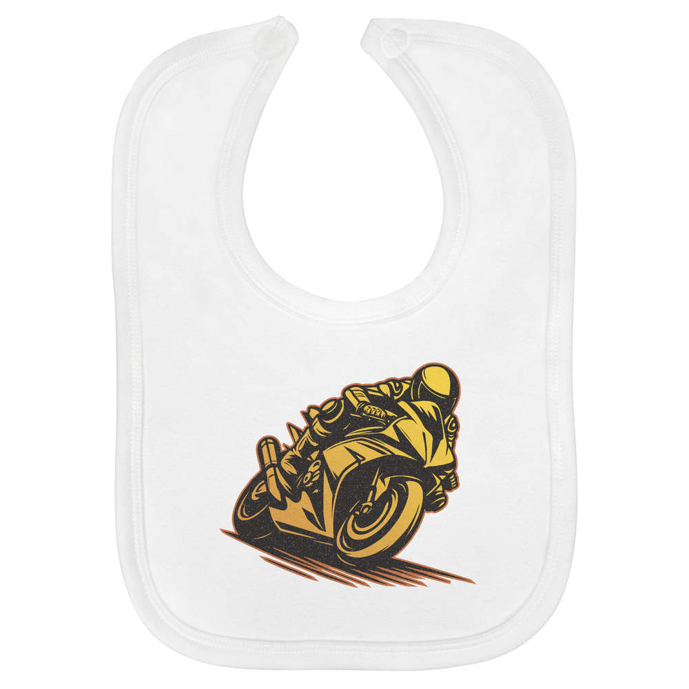 'Racing Motorcycle' Soft Cotton Baby Bib - White - Feeding / Dribble Bib for Newborns, Infants and Baby Gifts (BI00068520)