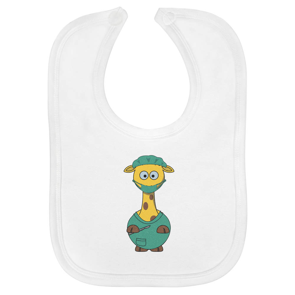 'Cartoon Giraffe Surgeon' Soft Cotton Baby Bib - White - Feeding / Dribble Bib for Newborns, Infants and Baby Gifts (BI00069780)
