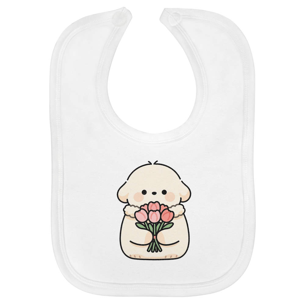 'Puppy & Valentine Roses' Soft Cotton Baby Bib - White - Feeding / Dribble Bib for Newborns, Infants and Baby Gifts (BI00071090)