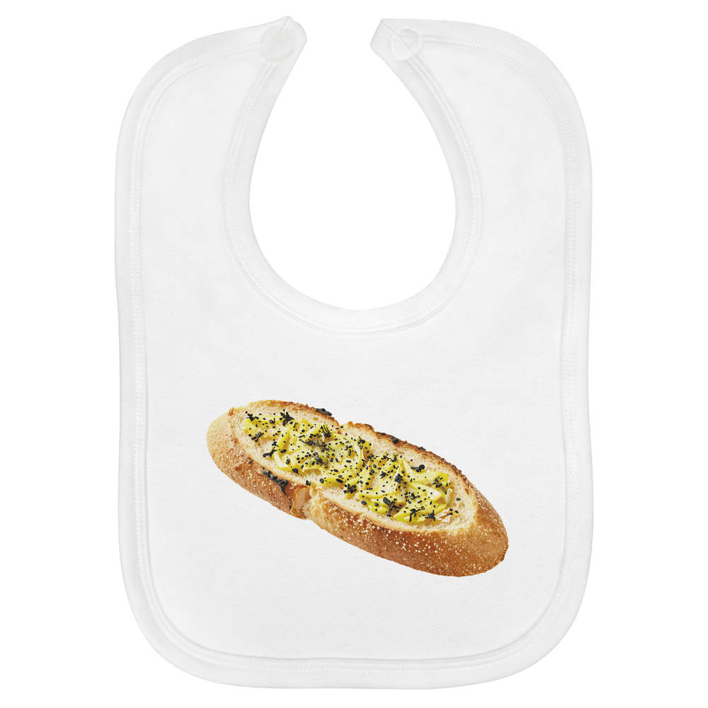 'Garlic Bread' Soft Cotton Baby Bib - White - Feeding / Dribble Bib for Newborns, Infants and Baby Gifts (BI00071314)