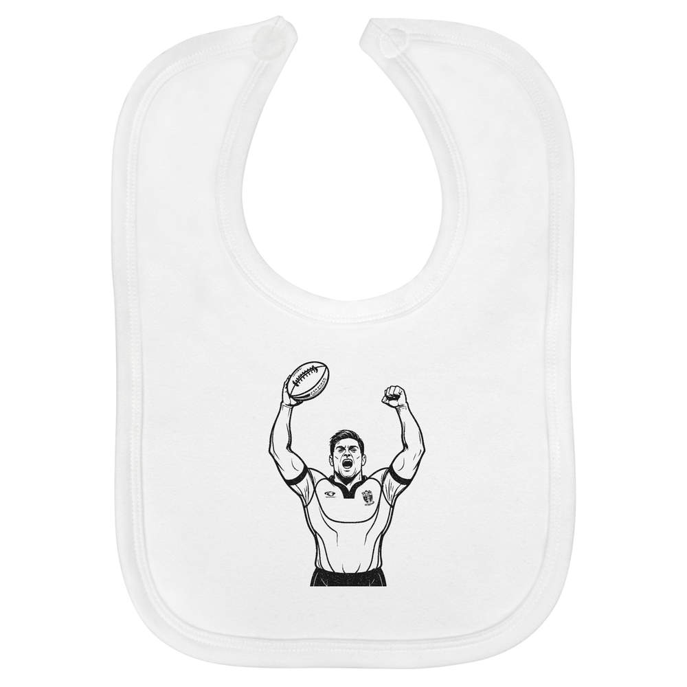 'Rugby Player Celebrating' Soft Cotton Baby Bib - White - Feeding / Dribble Bib for Newborns, Infants and Baby Gifts (BI00071574)