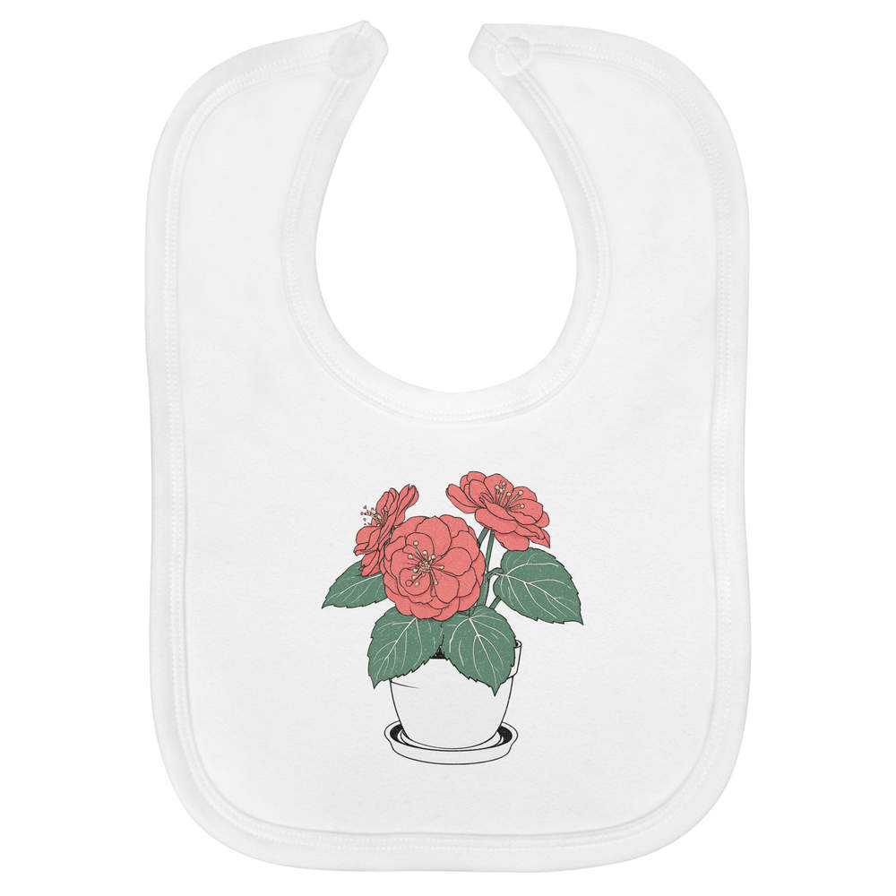 'Potted Begonias' Soft Cotton Baby Bib - White - Feeding / Dribble Bib for Newborns, Infants and Baby Gifts (BI00071602)