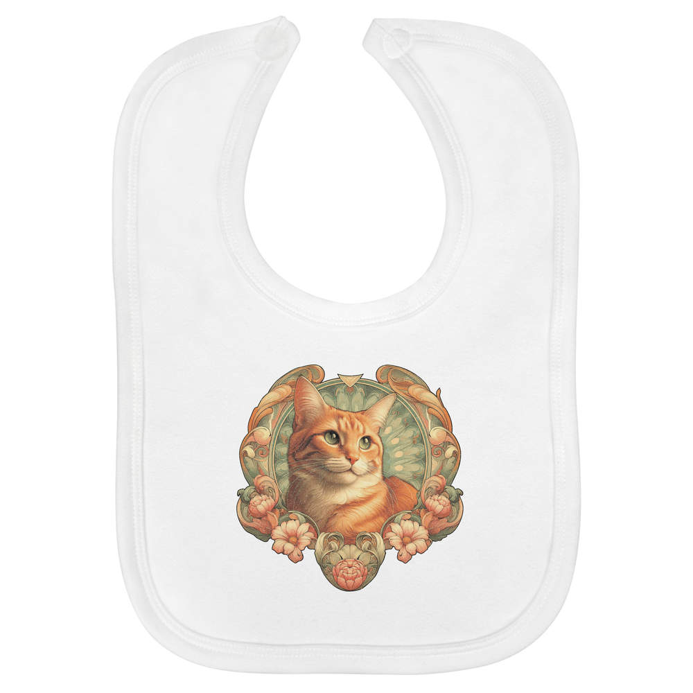'Orange Cat With Flowers' Soft Cotton Baby Bib - White - Feeding / Dribble Bib for Newborns, Infants and Baby Gifts (BI00071675)