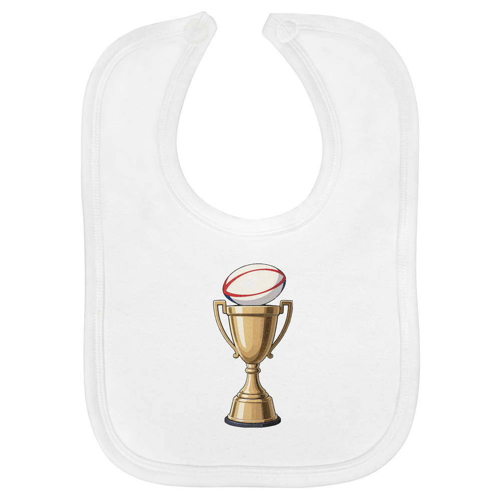 'Rugby Trophy' Soft Cotton Baby Bib - White - Feeding / Dribble Bib for Newborns, Infants and Baby Gifts (BI00072016)