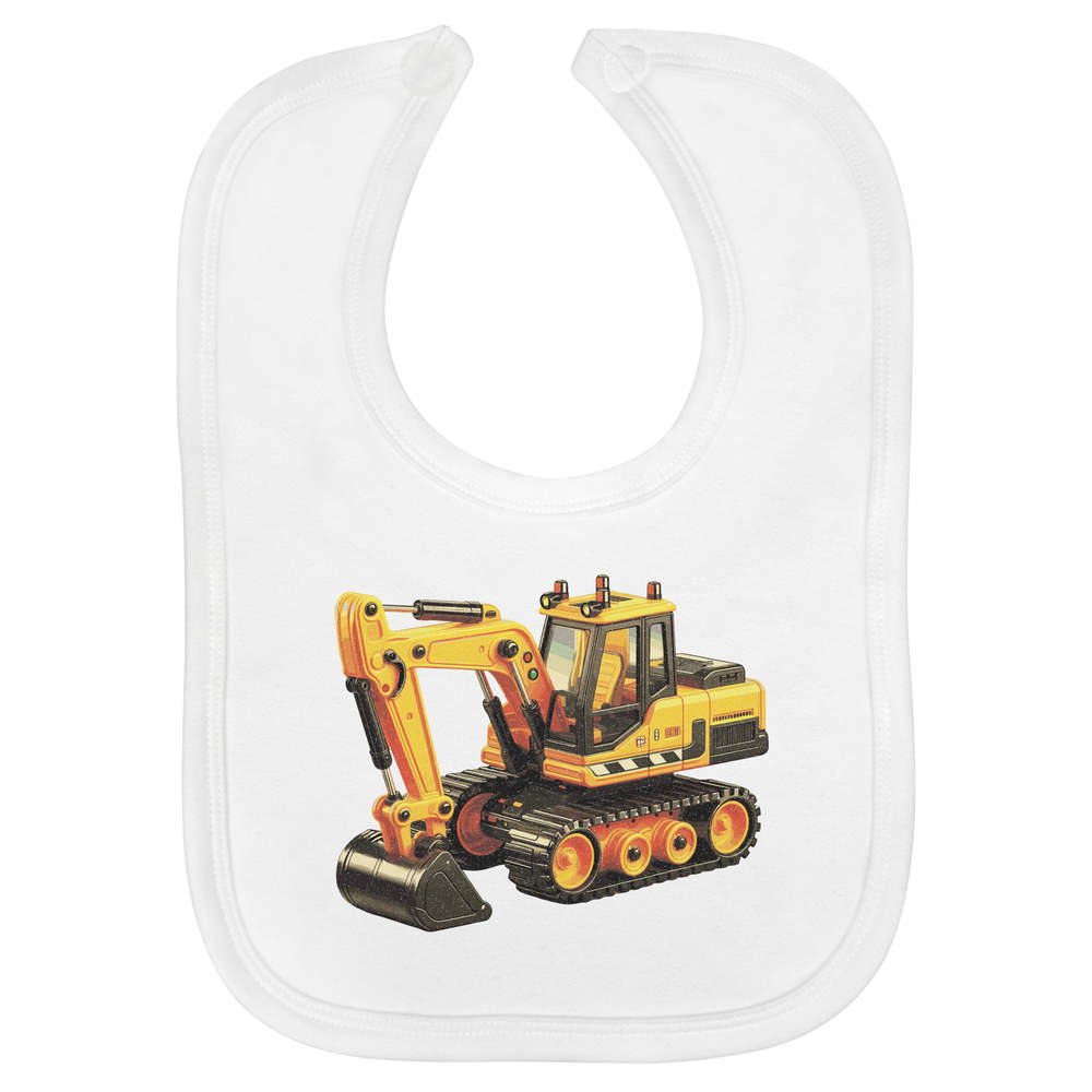 'Toy Excavator Digger' Soft Cotton Baby Bib - White - Feeding / Dribble Bib for Newborns, Infants and Baby Gifts (BI00072214)