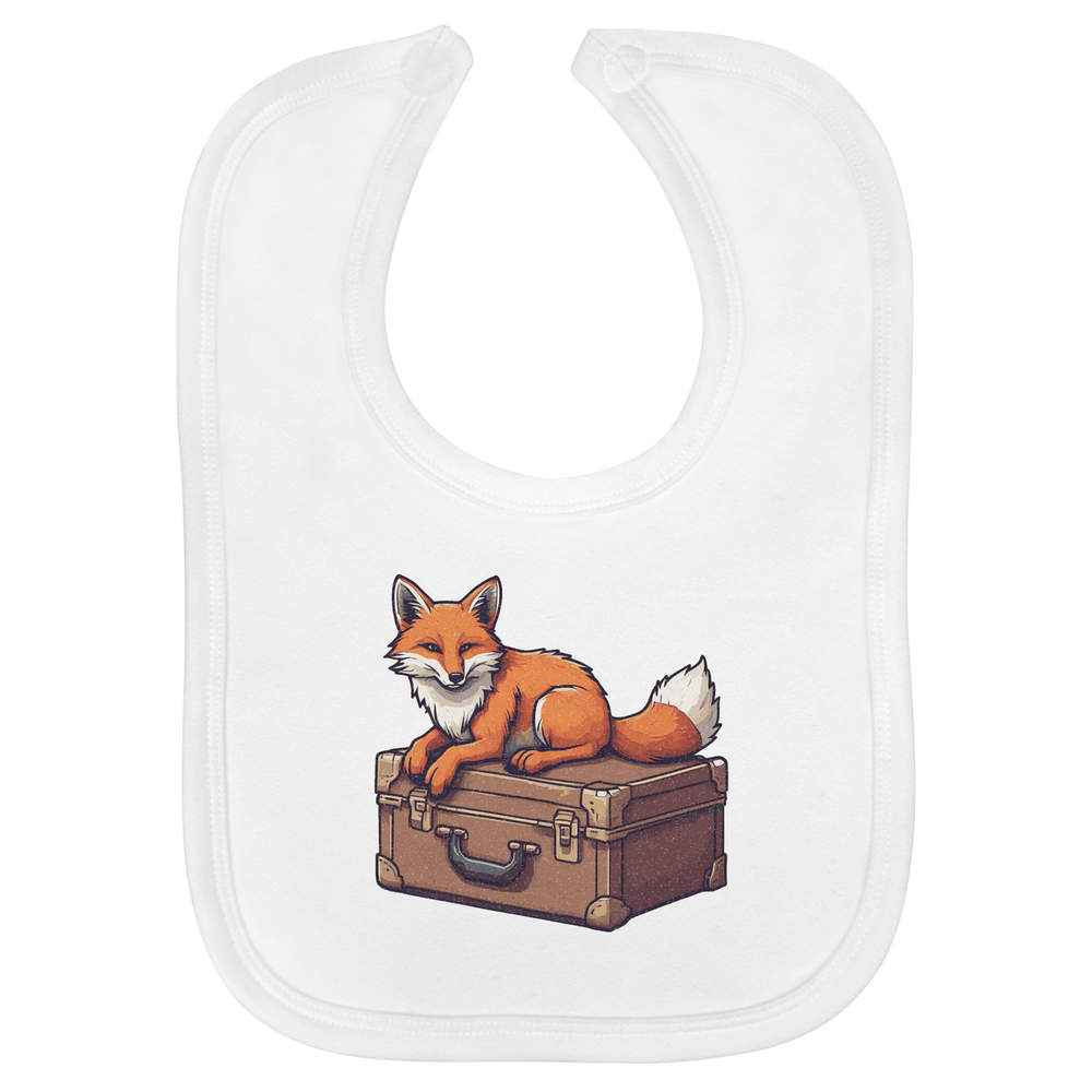 'Fox on Suitcase' Soft Cotton Baby Bib - White - Feeding / Dribble Bib for Newborns, Infants and Baby Gifts (BI00072413)