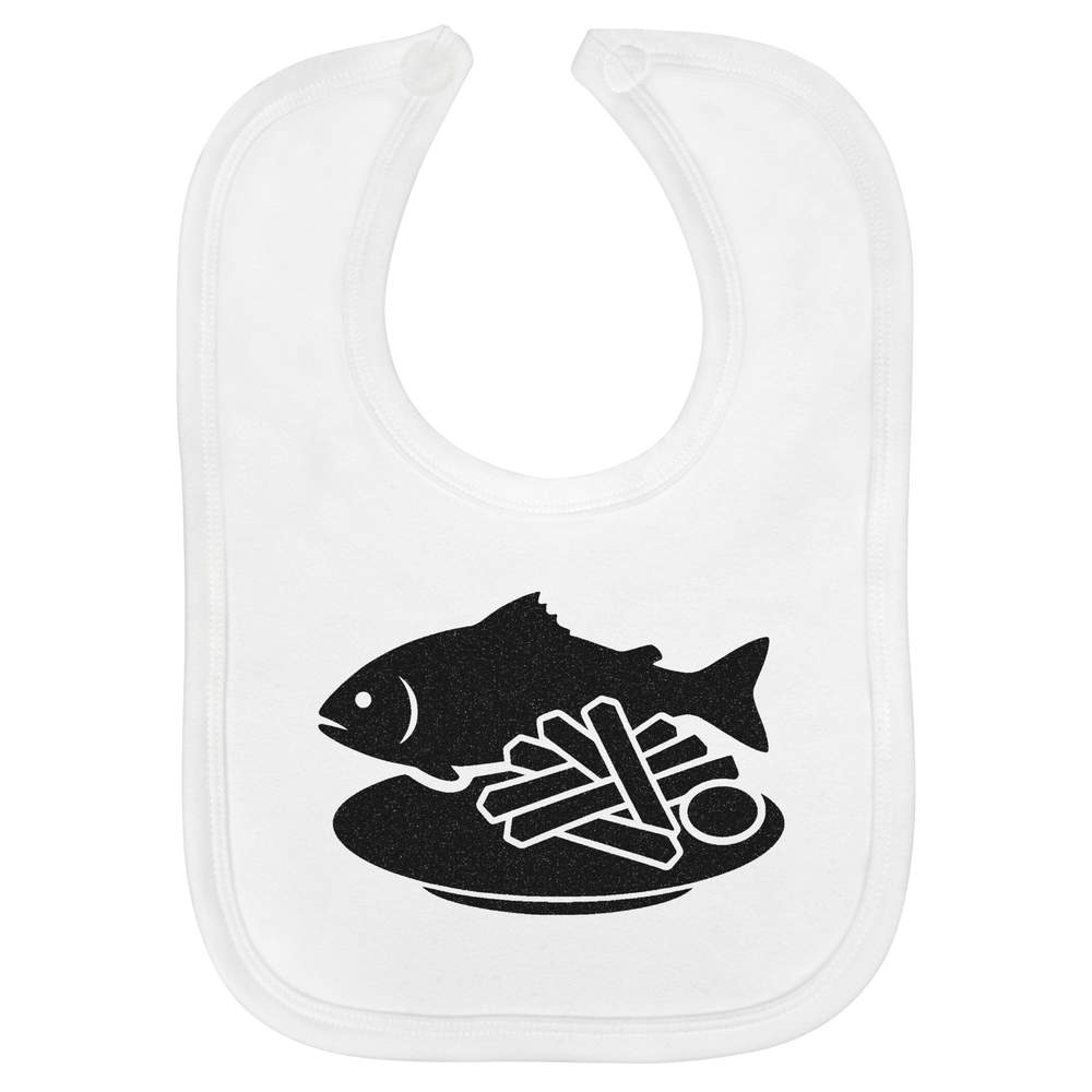 'Fish & Chips Silhouette' Soft Cotton Baby Bib - White - Feeding / Dribble Bib for Newborns, Infants and Baby Gifts (BI00072904)
