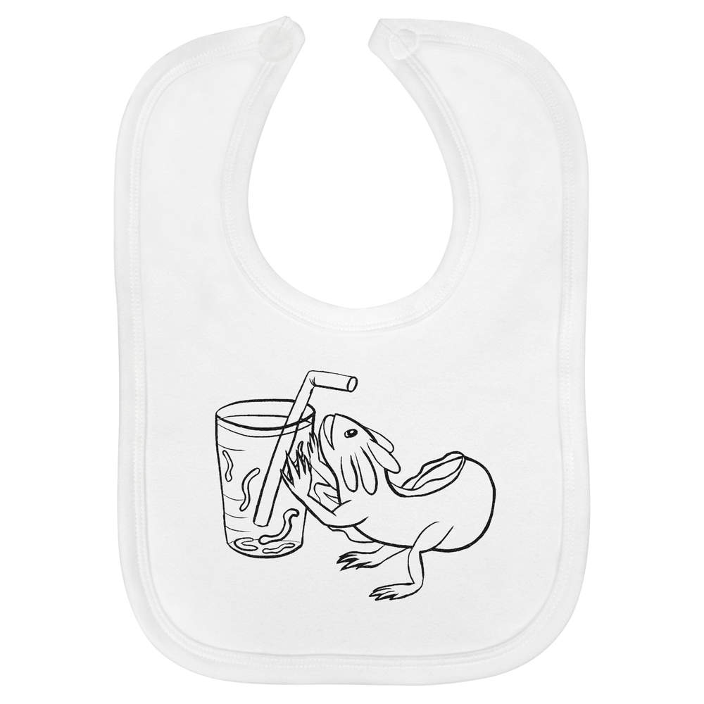 'Axolotl Drinking Line Art' Soft Cotton Baby Bib - White - Feeding / Dribble Bib for Newborns, Infants and Baby Gifts (BI00073041)