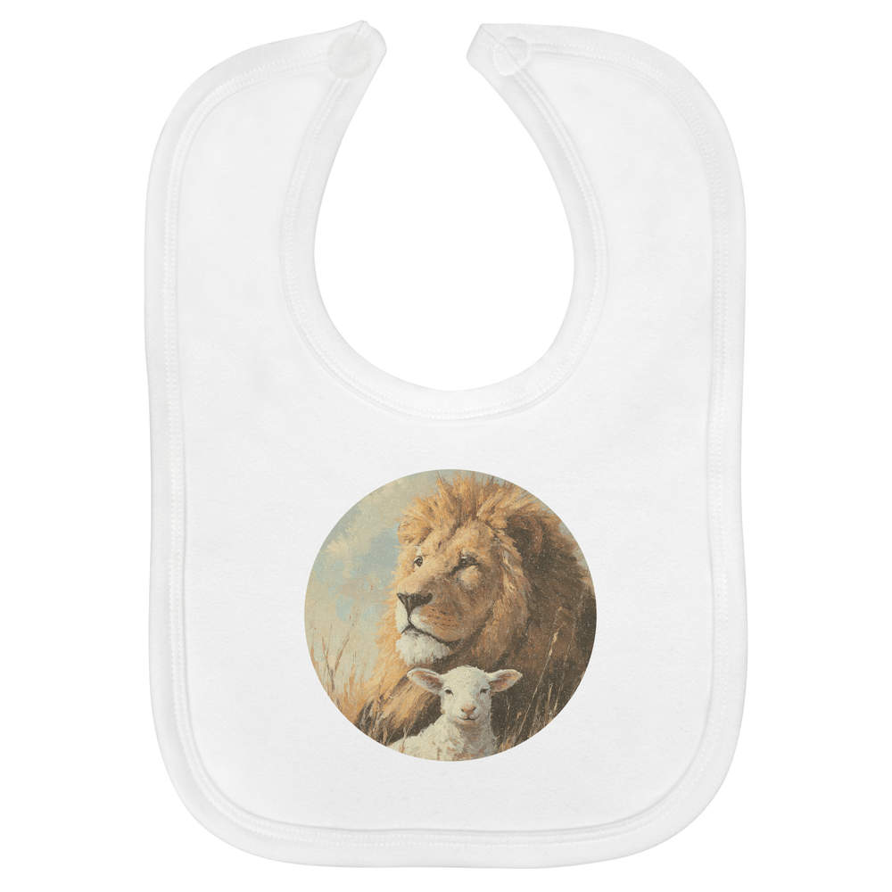 'Lion with Lamb' Soft Cotton Baby Bib - White - Feeding / Dribble Bib for Newborns, Infants and Baby Gifts (BI00073317)