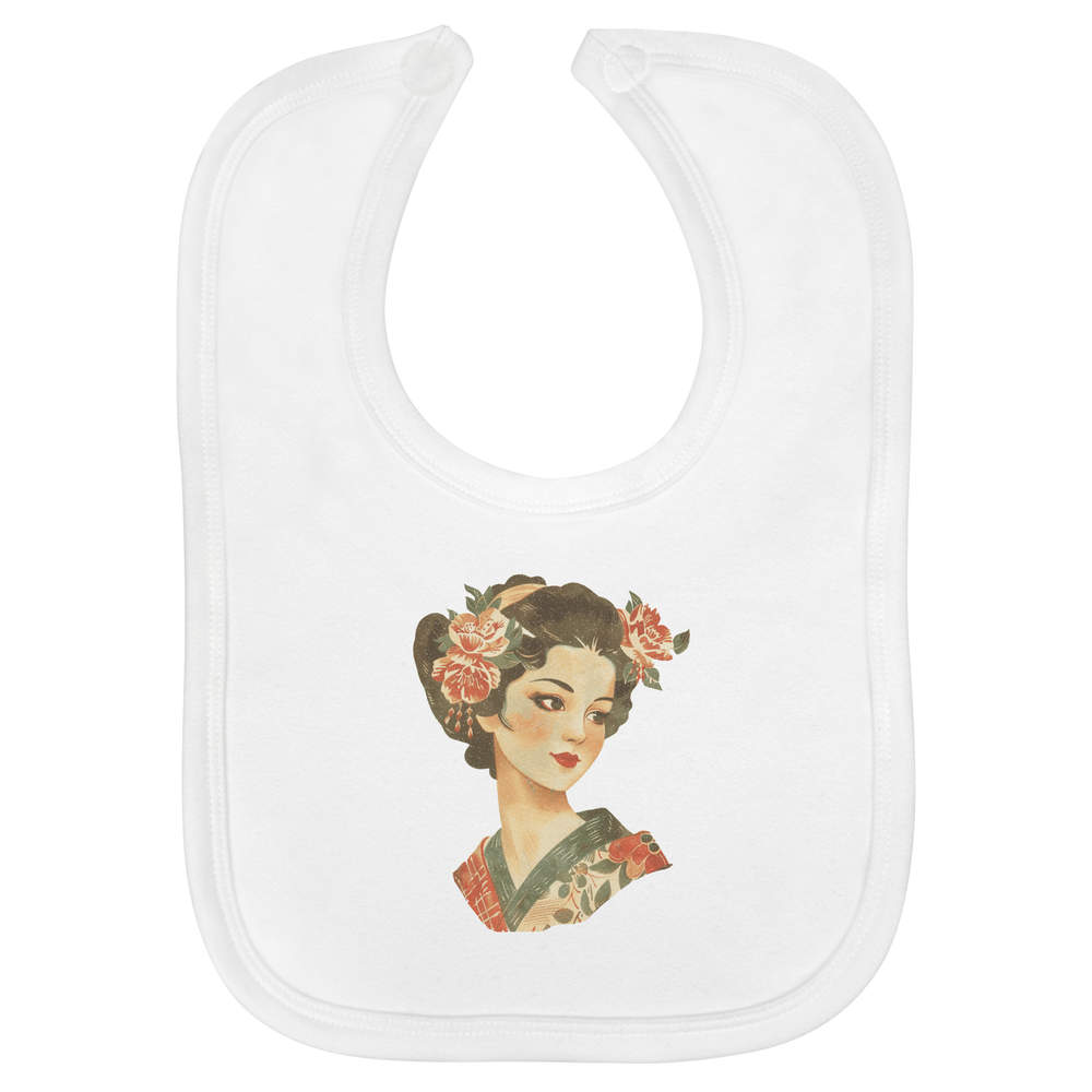 'Geisha Portrait' Soft Cotton Baby Bib - White - Feeding / Dribble Bib for Newborns, Infants and Baby Gifts (BI00073534)