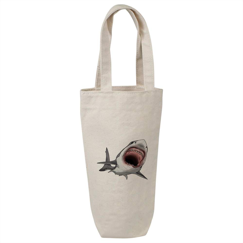 'Great White Shark Bite' Cotton Wine Bottle Bag - Natural - Reusable Gift / Travel Carrier for Wine, Champagne and Bottles (BL00027681)
