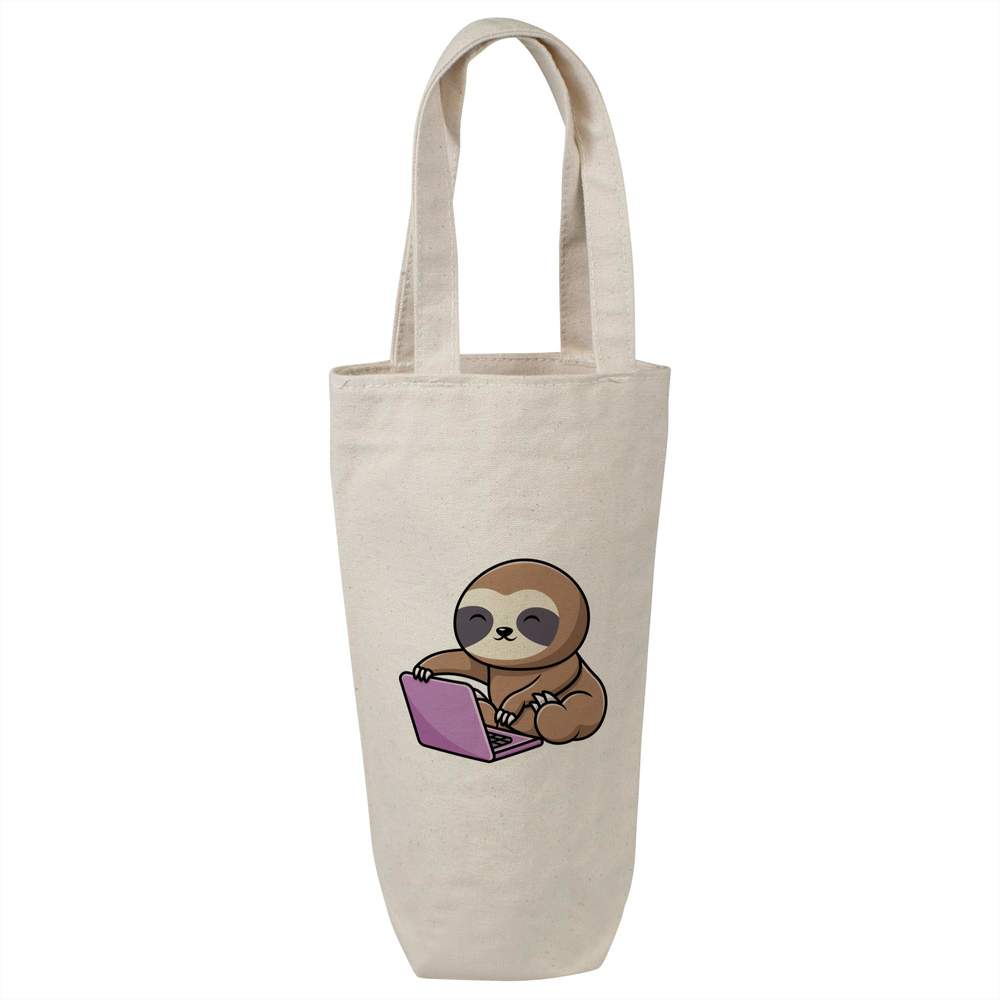 'Sloth With a Laptop' Cotton Wine Bottle Gift / Travel Bag (BL00030858)
