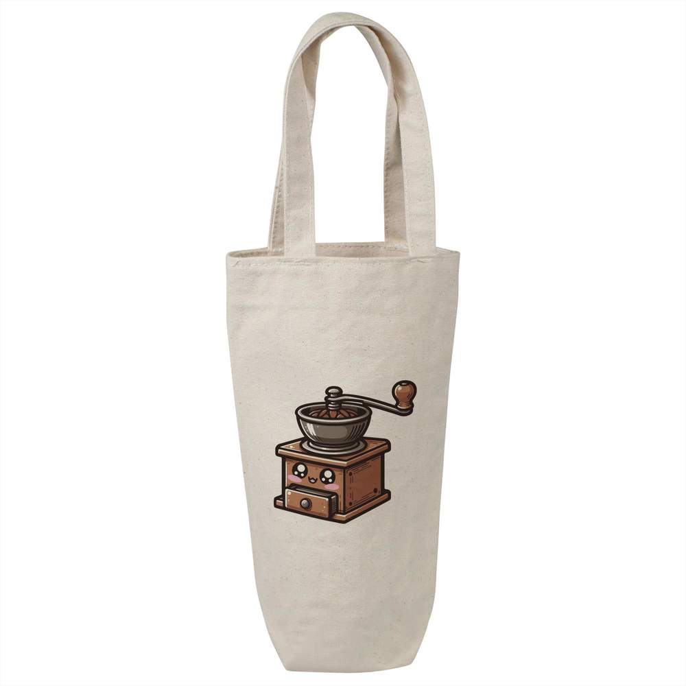 'Kawaii Coffee Grinder' Cotton Wine Bottle Bag - Natural - Reusable Gift / Travel Carrier for Wine, Champagne and Bottles (BL00034115)