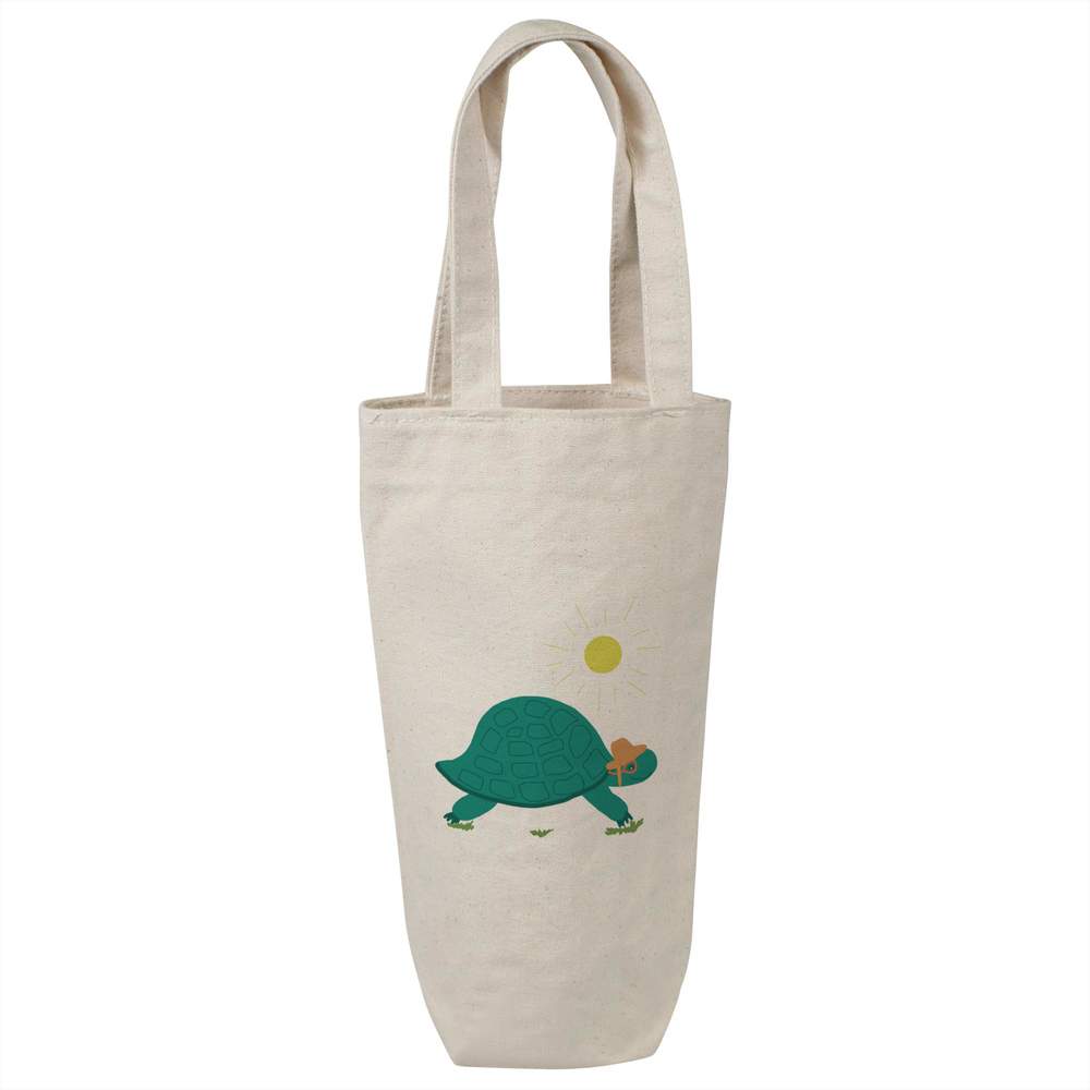 'Tortoise, Sun Hat & Specs' Cotton Wine Bottle Bag - Natural - Reusable Gift / Travel Carrier for Wine, Champagne and Bottles (BL00035638)