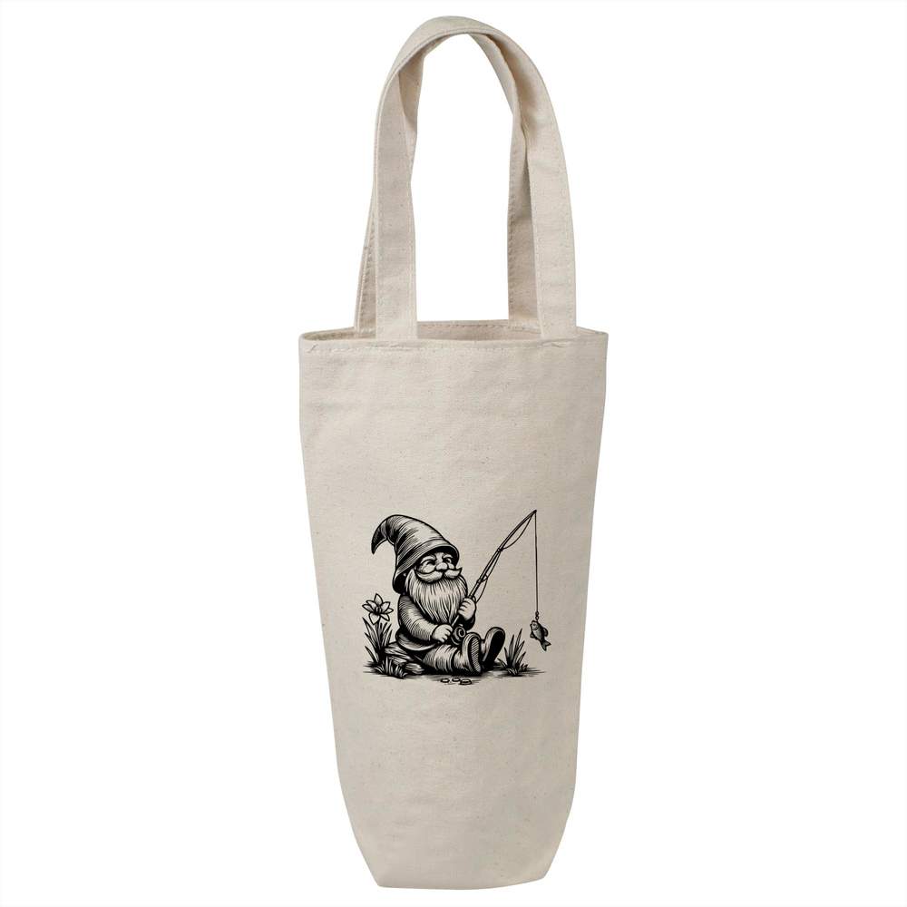 'Fishing Garden Gnome' Cotton Wine Bottle Bag - Natural - Reusable Gift / Travel Carrier for Wine, Champagne and Bottles (BL00036078)