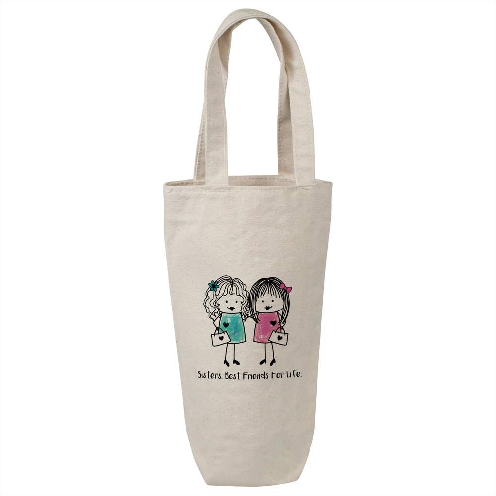 'Sisters, Friends For Life' Cotton Wine Bottle Bag - Natural - Reusable Gift / Travel Carrier for Wine, Champagne and Bottles (BL00036627)