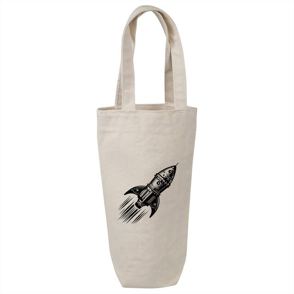 'Retro Rocket Ship' Cotton Wine Bottle Bag - Natural - Reusable Gift / Travel Carrier for Wine, Champagne and Bottles (BL00036691)