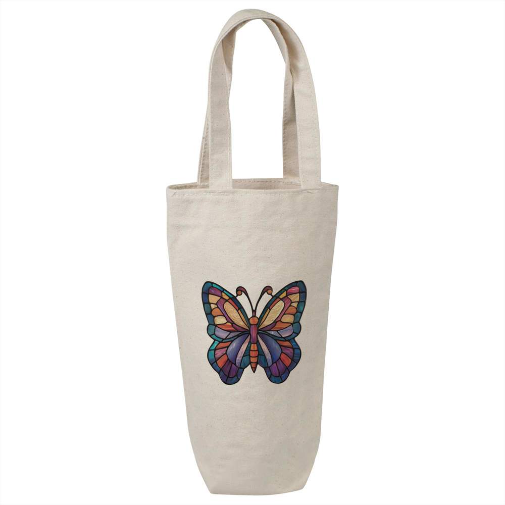 'Stained Glass Butterfly' Cotton Wine Bottle Bag - Natural - Reusable Gift / Travel Carrier for Wine, Champagne and Bottles (BL00036925)