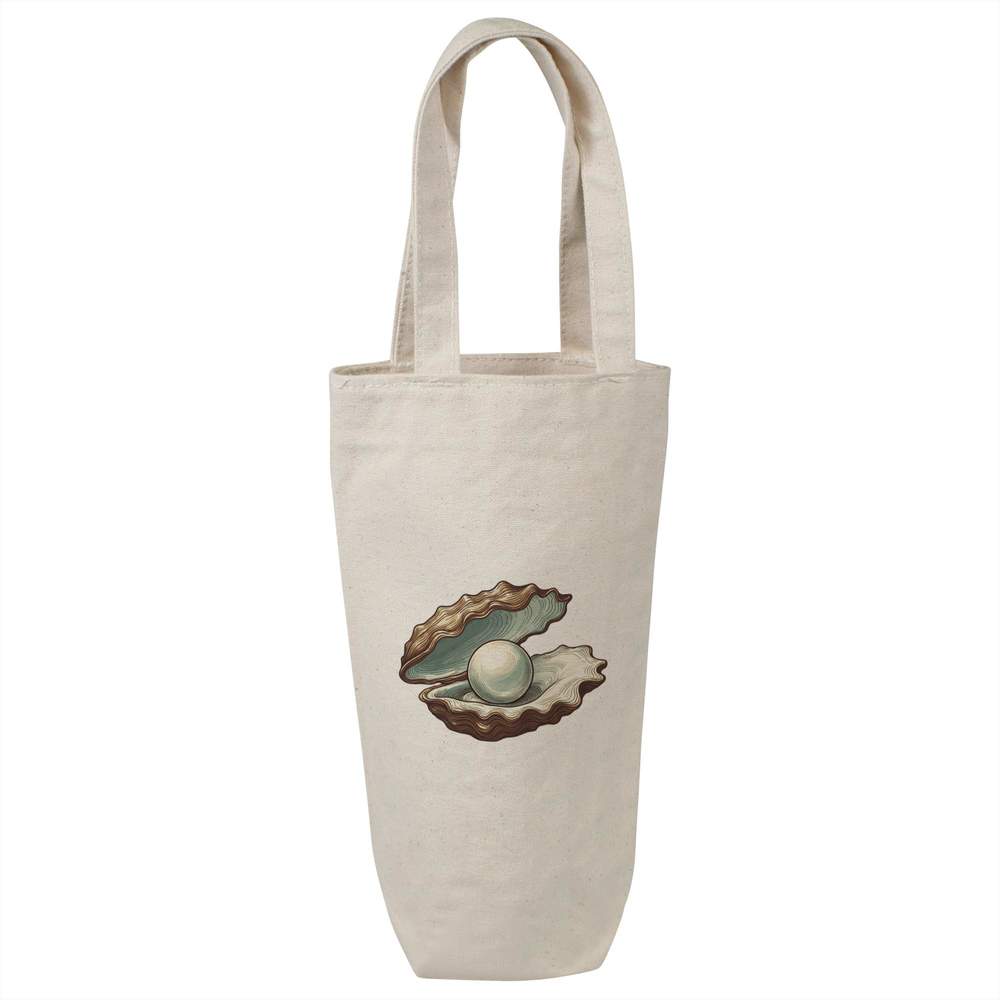 'Pearl In Oyster Shell' Cotton Wine Bottle Bag - Natural - Reusable Gift / Travel Carrier for Wine, Champagne and Bottles (BL00037586)