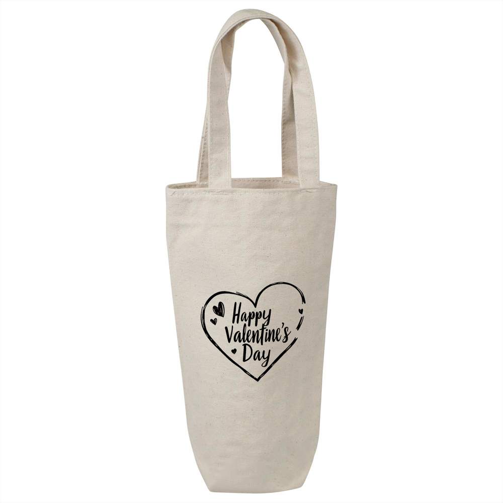 'Happy Valentine's Day' Cotton Wine Bottle Bag - Natural - Reusable Gift / Travel Carrier for Wine, Champagne and Bottles (BL00039945)