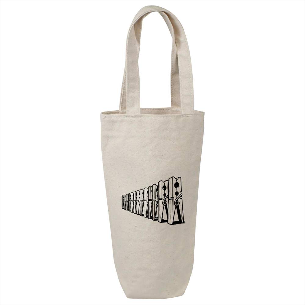 'Wooden Clothes Pegs' Cotton Wine Bottle Bag - Natural - Reusable Gift / Travel Carrier for Wine, Champagne and Bottles (BL00040356)