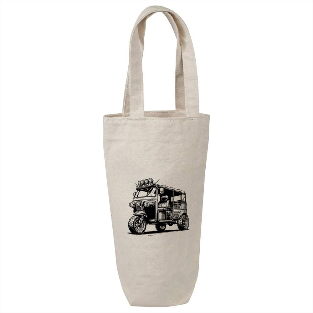 'Fancy Tuk Tuk' Cotton Wine Bottle Bag - Natural - Reusable Gift / Travel Carrier for Wine, Champagne and Bottles (BL00040379)