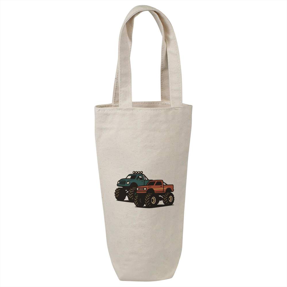 'Racing Monster Trucks' Cotton Wine Bottle Bag - Natural - Reusable Gift / Travel Carrier for Wine, Champagne and Bottles (BL00042875)