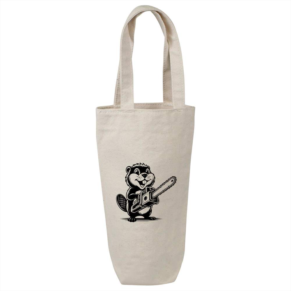 'Beaver With Chainsaw' Cotton Wine Bottle Bag - Natural - Reusable Gift / Travel Carrier for Wine, Champagne and Bottles (BL00043525)
