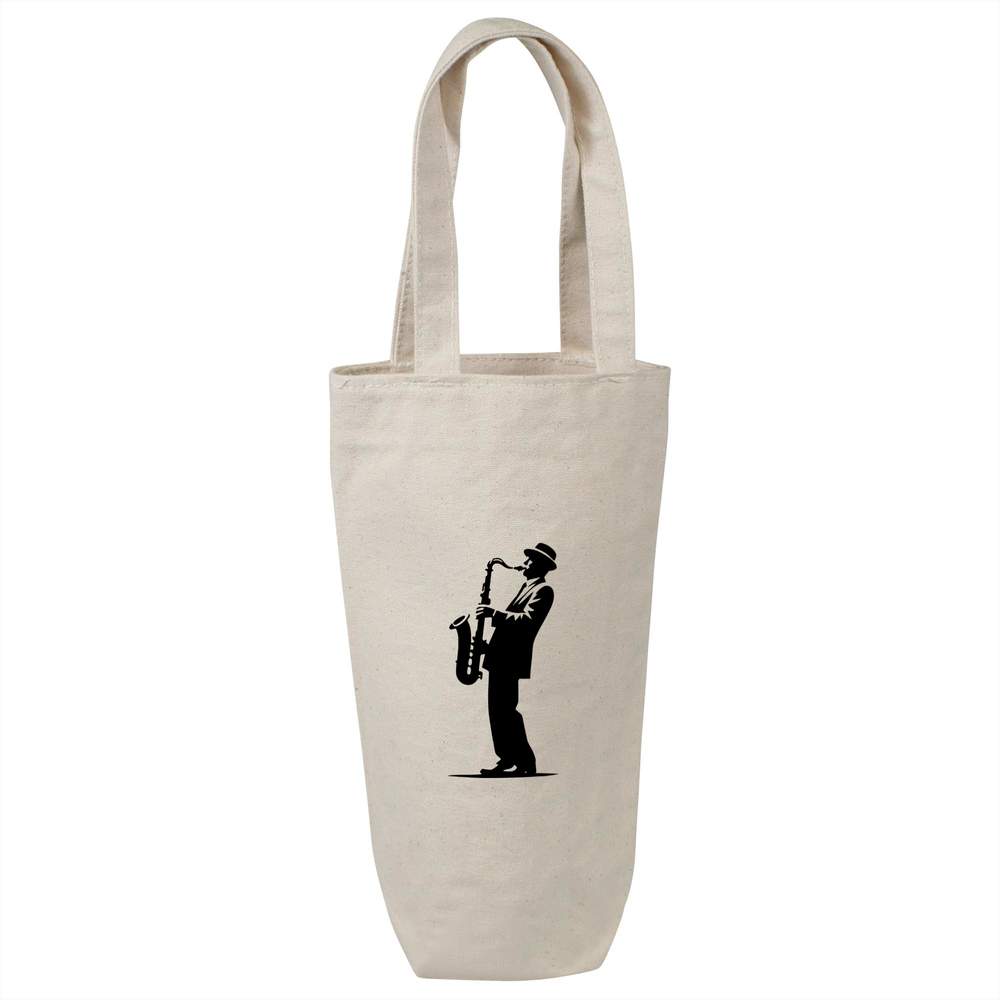 'Saxophone Player' Cotton Wine Bottle Bag - Natural - Reusable Gift / Travel Carrier for Wine, Champagne and Bottles (BL00044793)