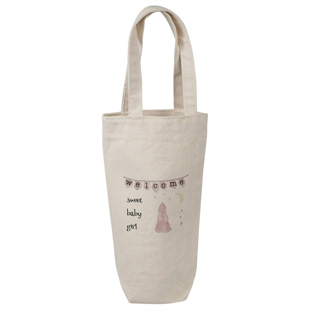 'Welcome Sweet Baby Girl' Cotton Wine Bottle Bag - Natural - Reusable Gift / Travel Carrier for Wine, Champagne and Bottles (BL00044840)